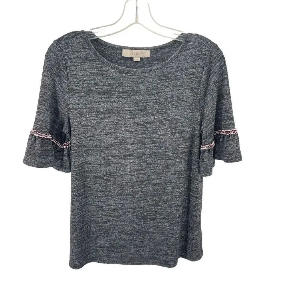 LOFT Womens Ruffle Sleeve Blouse Top Stretch Scoop Neck Pullover Gray XS